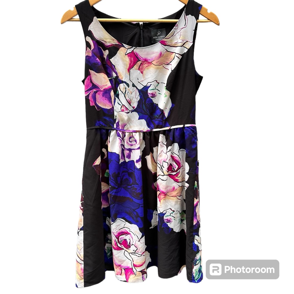 Adrianna Papell Midi Dress Size 6p In Black W/ Floral Print